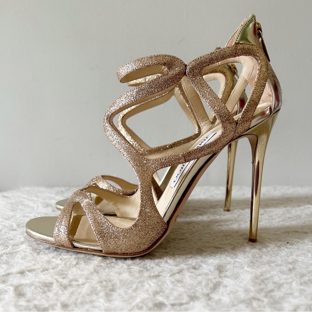 Jimmy Choo Leslie Gold Champagne Glitter Strappy Caged Heels Sandals Size EU 38 - Picture 1 of 14